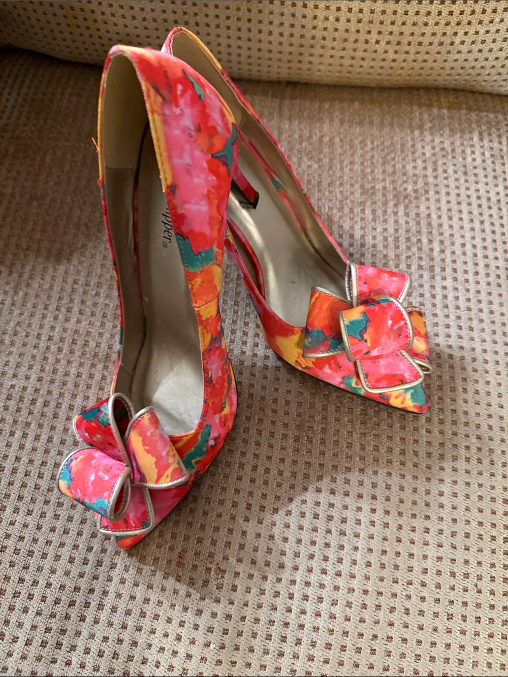 Floral Peep-Toe Heels with Decorative Bow - Pink & Orange